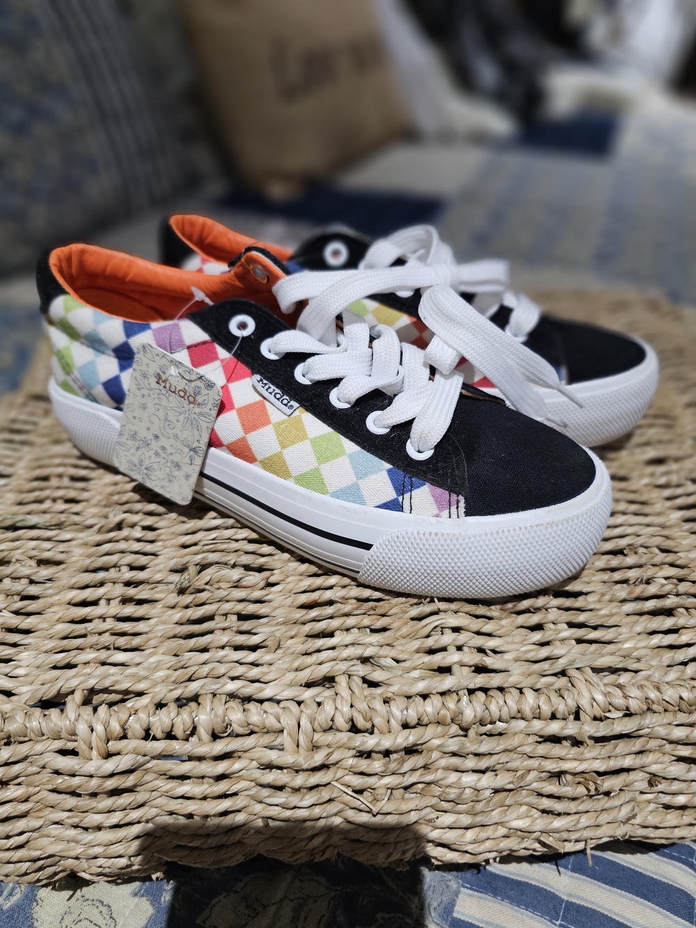 Mudd Black Canvas Sneakers with Multicolor Check, NWT